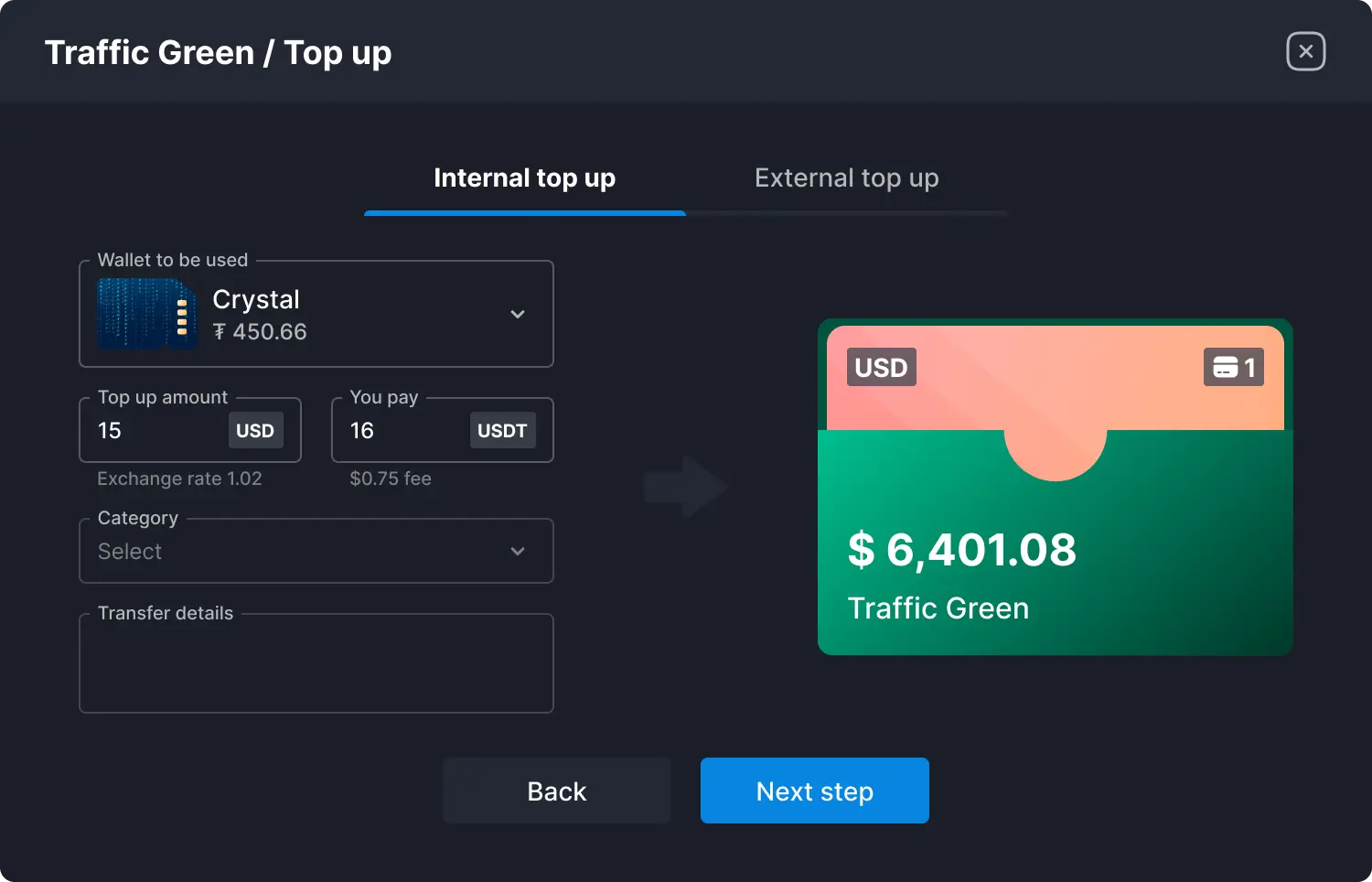Replenishment of fiat wallet with cryptocurrency.